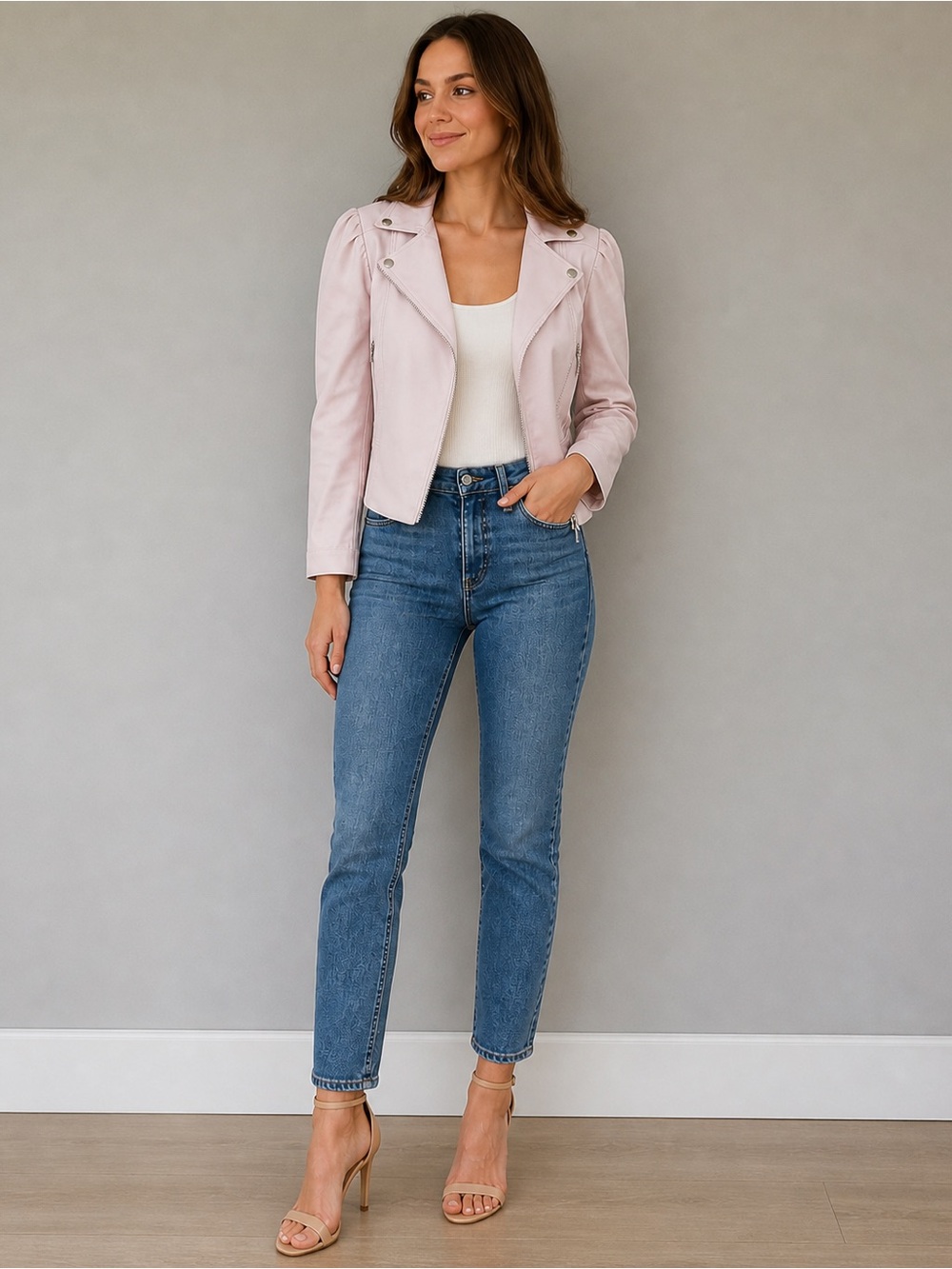 MELISSA NEPTON Pink Moto Jacket Faux Leather Body Cotton Sleeve Cropped XS